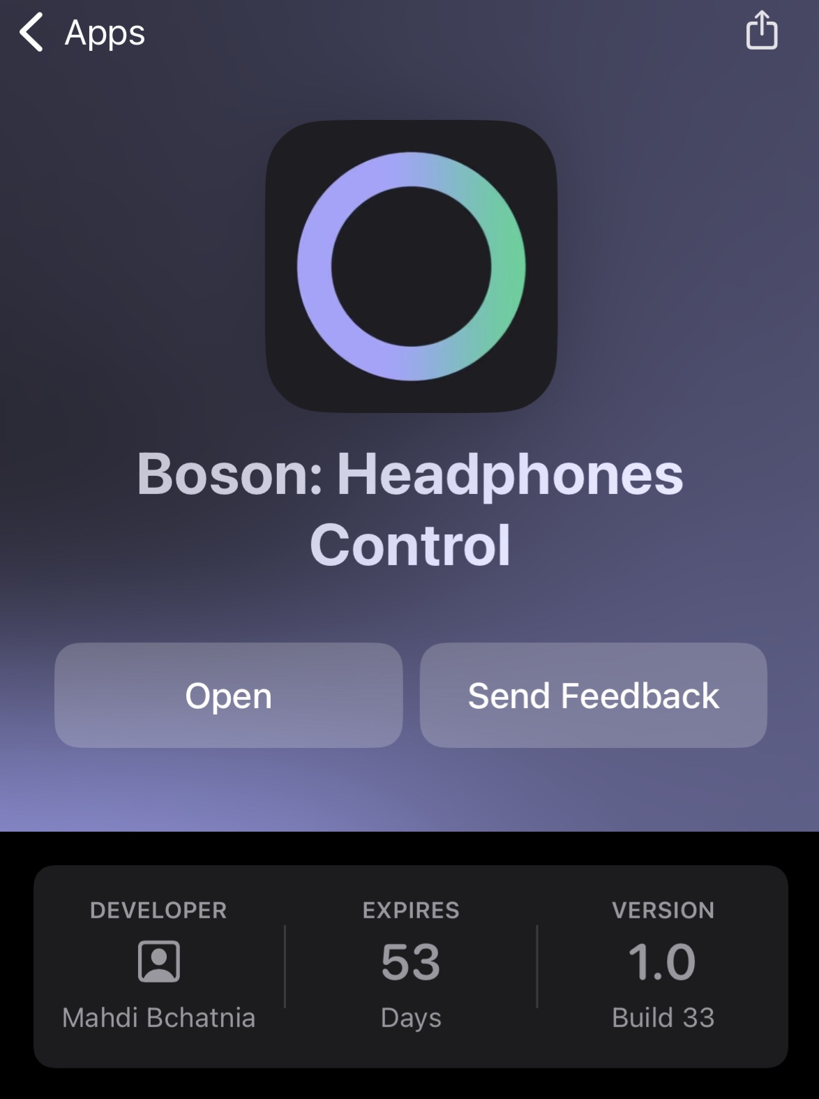 Boson TestFlight app interface for Bose headphones