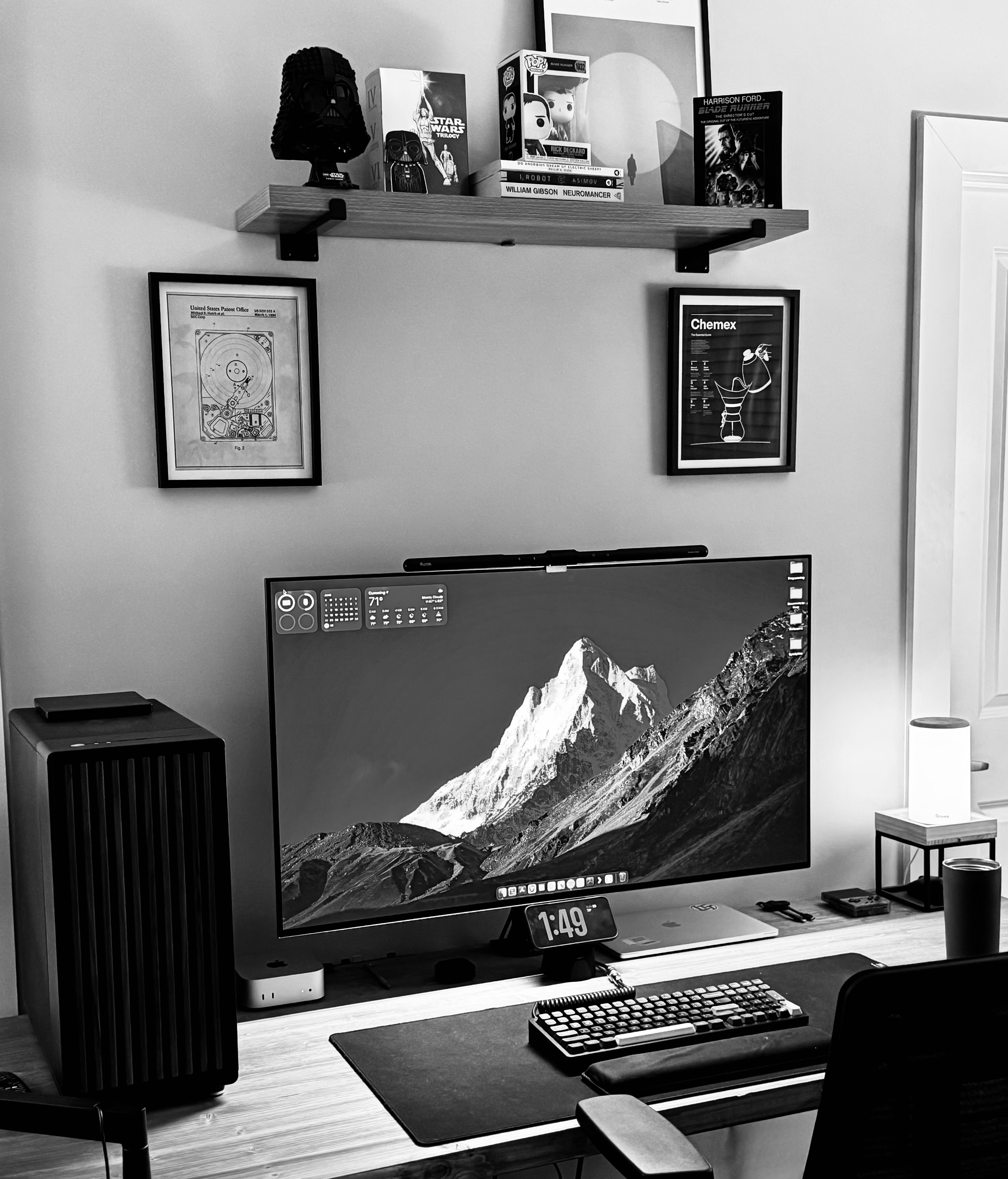 Tyler's desk setup with Windows desktop, Mac mini M4, and MacBook Pro running Linux Mint