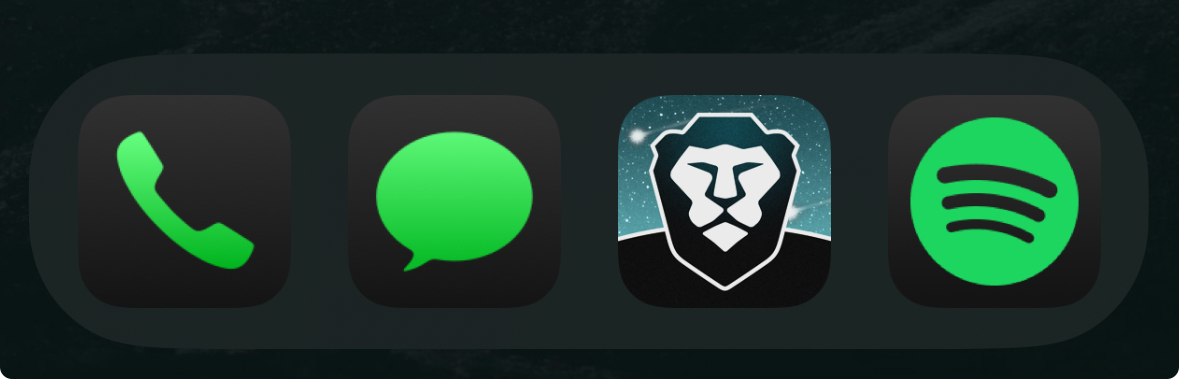 iPhone dock showing the four essential apps: iMessage, Phone, Brave, and Spotify