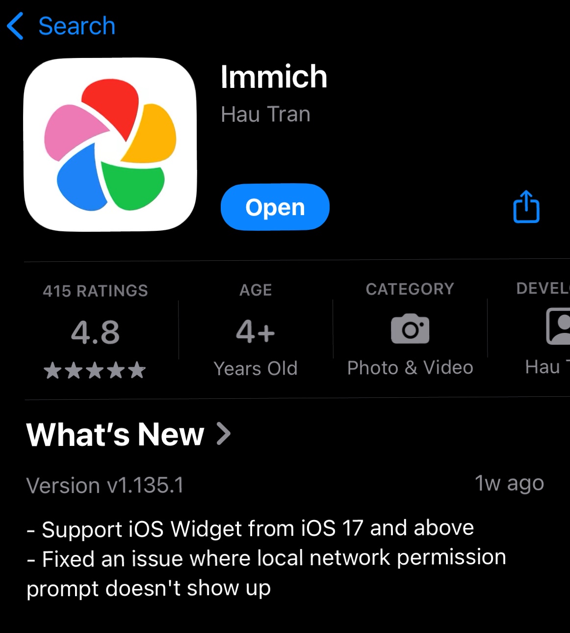 Immich photo management interface showing timeline view